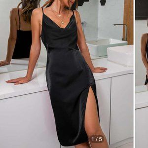 D&M Cowl Neck Split Thigh Satin Cami Party Dress